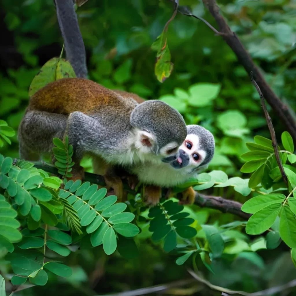 Small squirrel monkey leaping through tree branches in the Cuyabeno Wildlife Reserve jungle.