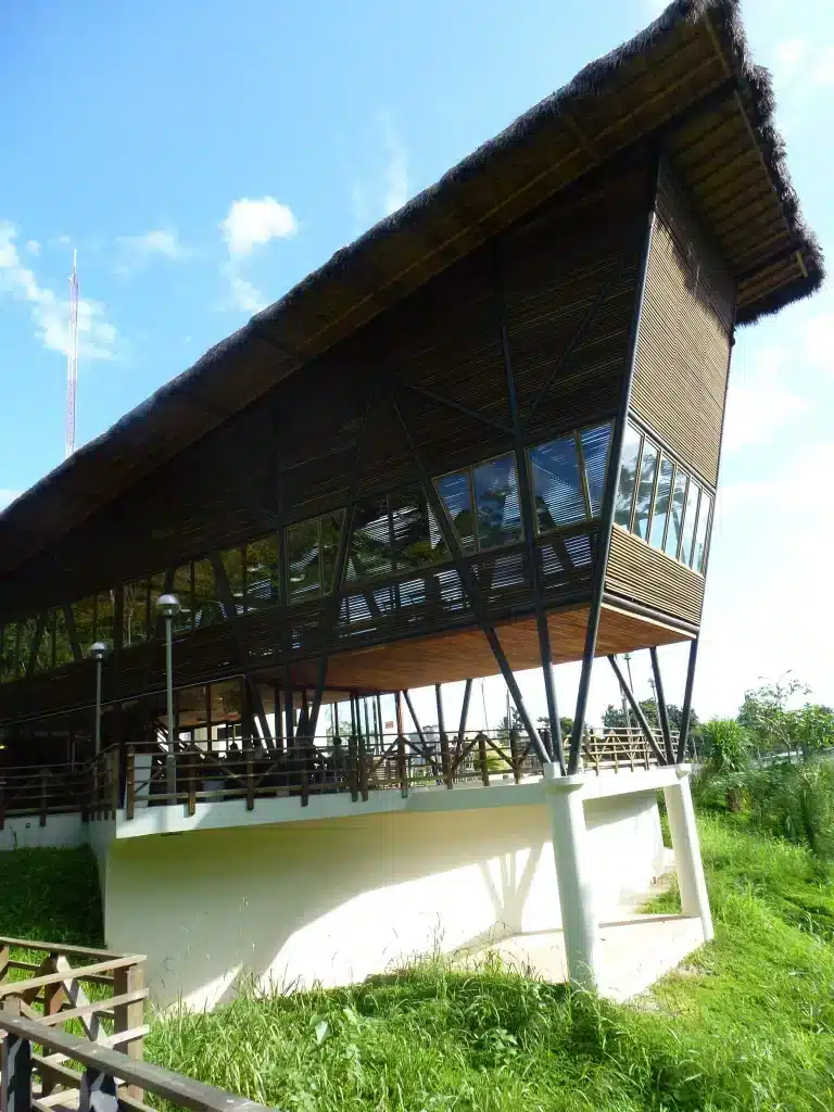 Panoramic view of Cuyabeno Lodge and its observation tower next to Laguna Grande in the Amazon rainforest.