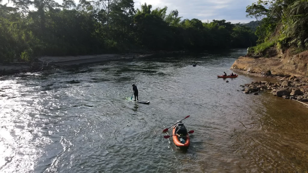 A person kayaking on a calm river surrounded by lush rainforest in Puerto Misahuallí, Napo Province, Ecuador.