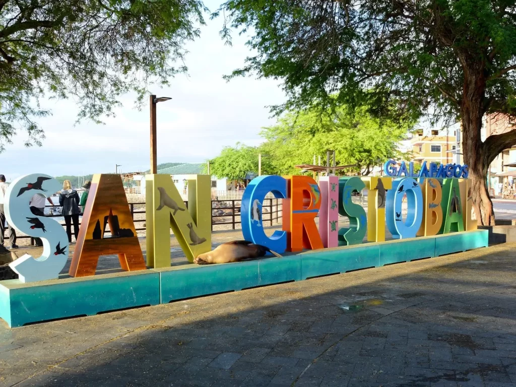 A vibrant sign of San Cristóbal located in Puerto Baquerizo, the capital of the Galapagos archipelago.-Galapagos without cruise