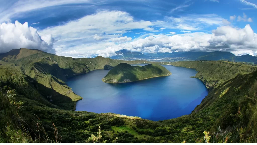 Panoramic view of Cuicocha Lagoon, a crater lake at the foot of Cotacachi Volcano in northern Ecuador.