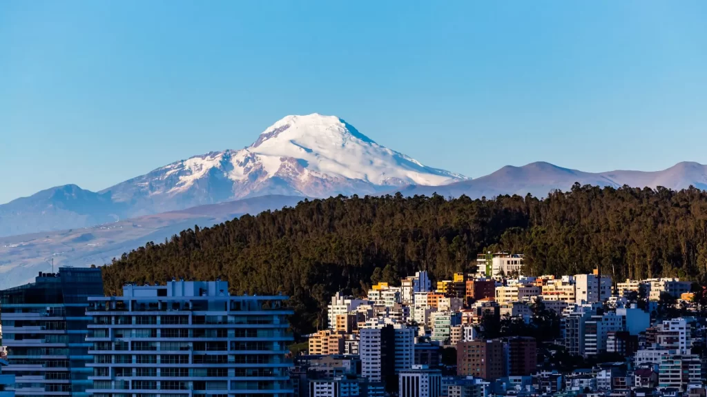 Snow-capped Cayambe Volcano seen from Quito, Ecuador.