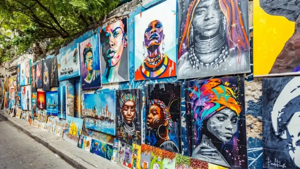 Colorful street art paintings displayed on a wall in Cartagena, Colombia