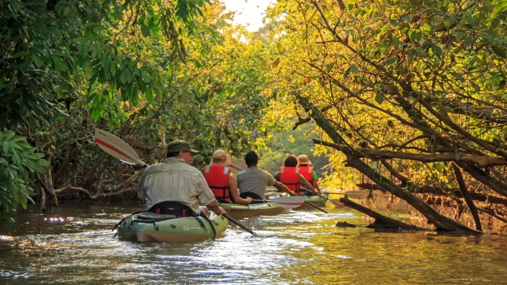 Adventurers travel down a river surrounded by the lush Ecuadorian Amazon-Amazon travel