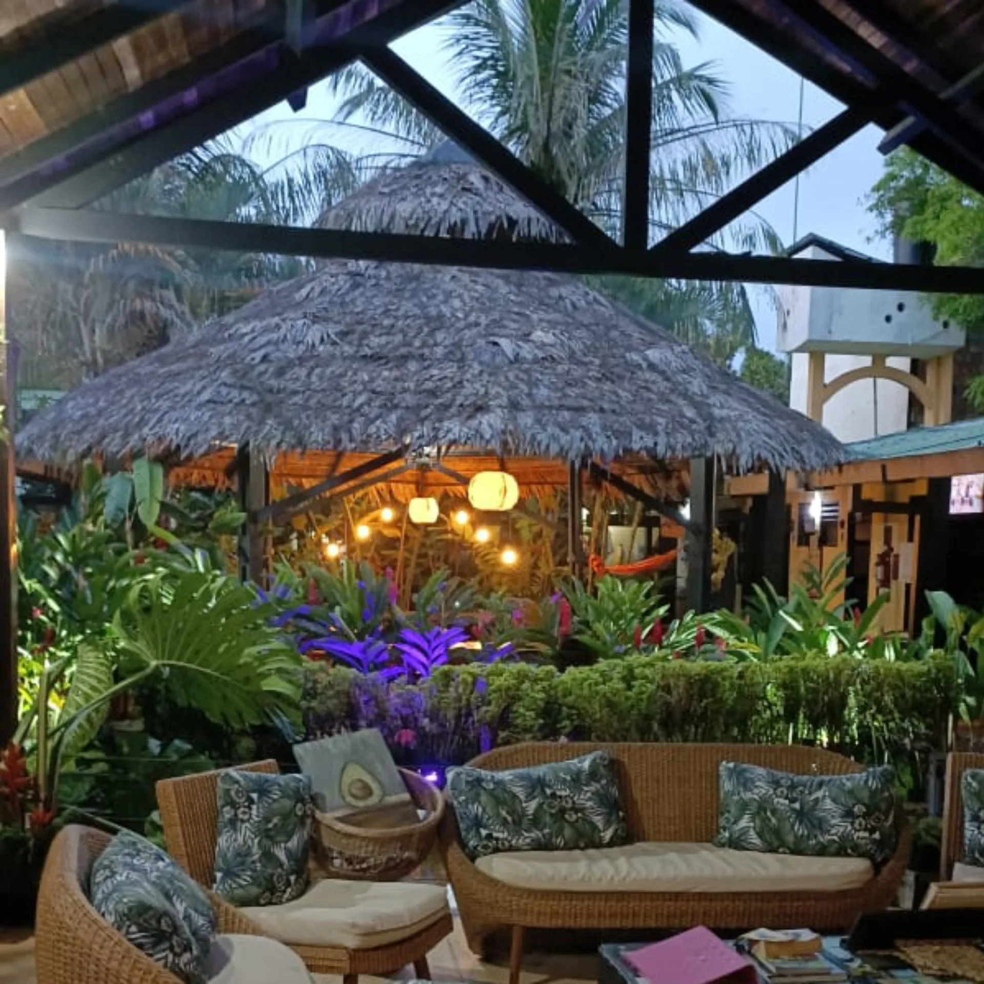 Palapa-style terrace with rattan furniture, warm lighting, and tropical plants at Amazon Bed & Breakfast, Leticia.