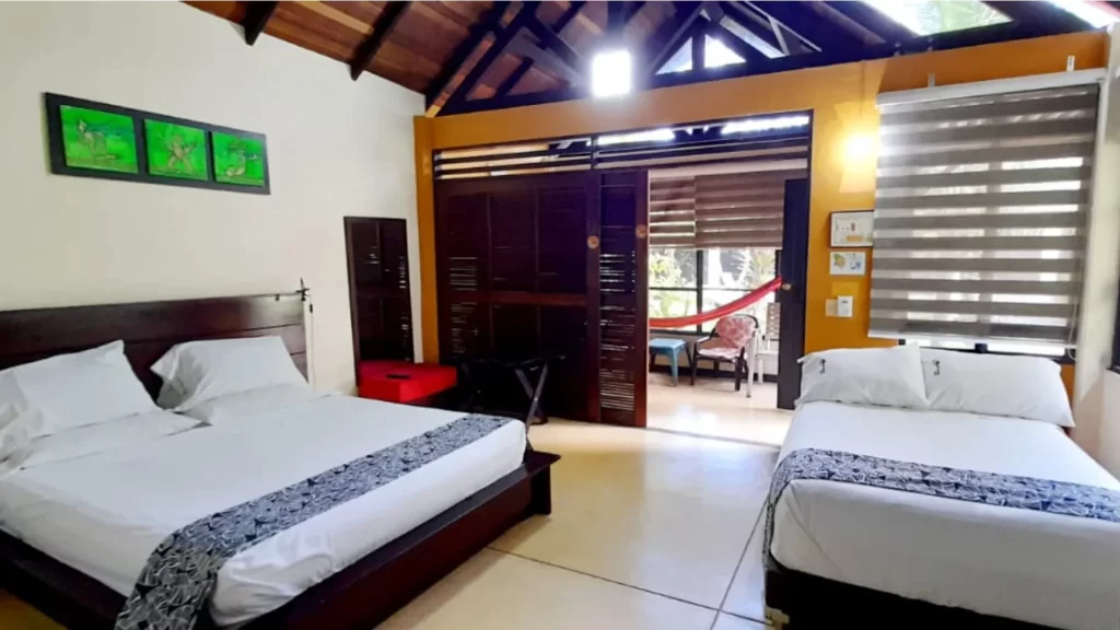 Hotel room with double bed, bedside lamp, tropical plant, and wooden doors at Amazon Bed & Breakfast, Leticia.
