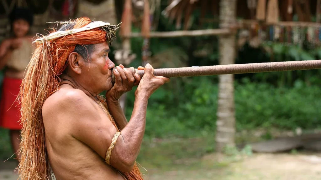 Member of the Yagua community using his traditional blowgun-Leticia Amazon