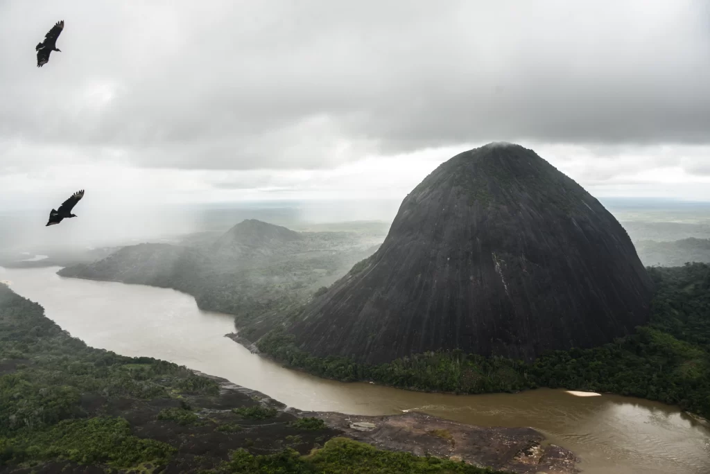 Cerros de Mavecure rising over the Guainía River in the Colombian Amazon, with birds flying above the misty rainforest landscape.