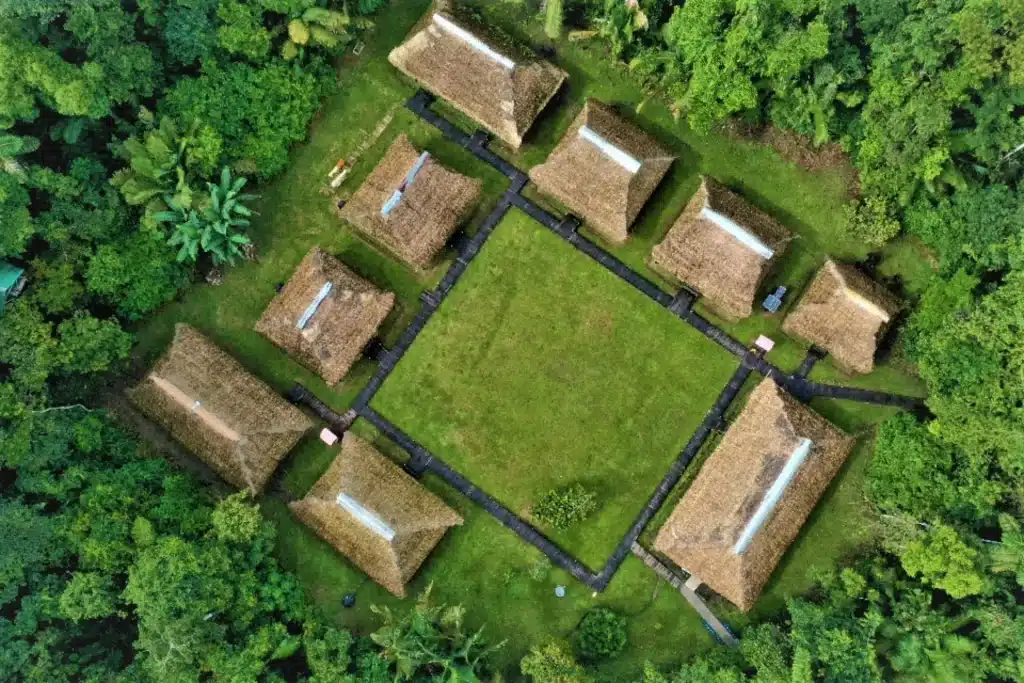 Aerial view of Nicky Amazon Lodge cabins surrounded by pristine rainforest in the Cuyabeno Reserve.