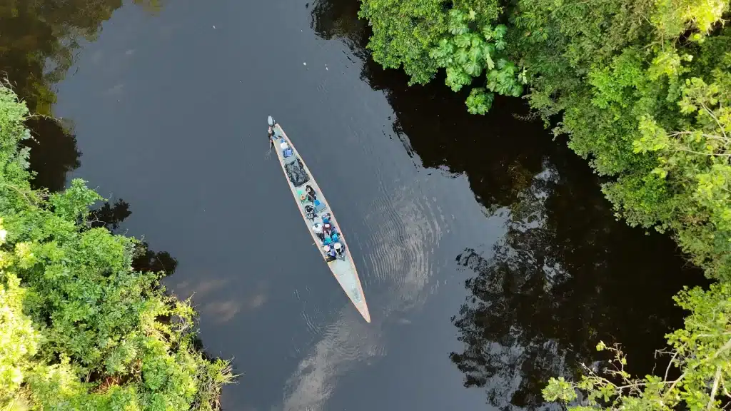 Motorized canoe navigating the calm waters of the Zábalo River in the Cuyabeno Reserve, Ecuadorian Amazon.