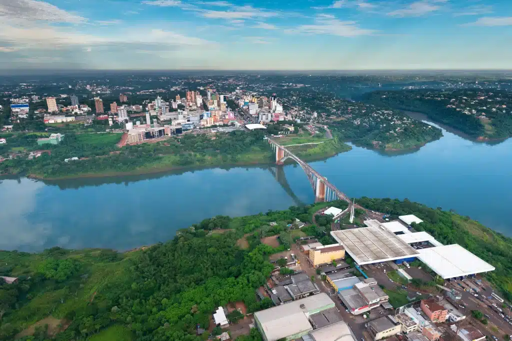 Aerial view of the Paraná River dividing Paraguay and Brazil, near Ciudad del Este.
